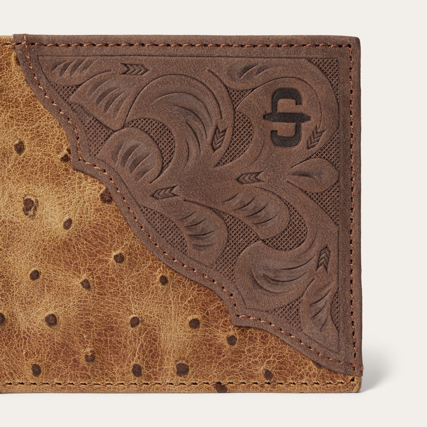 Tooled Embossed Ostrich Bi-Fold Wallet Brown / California Nut