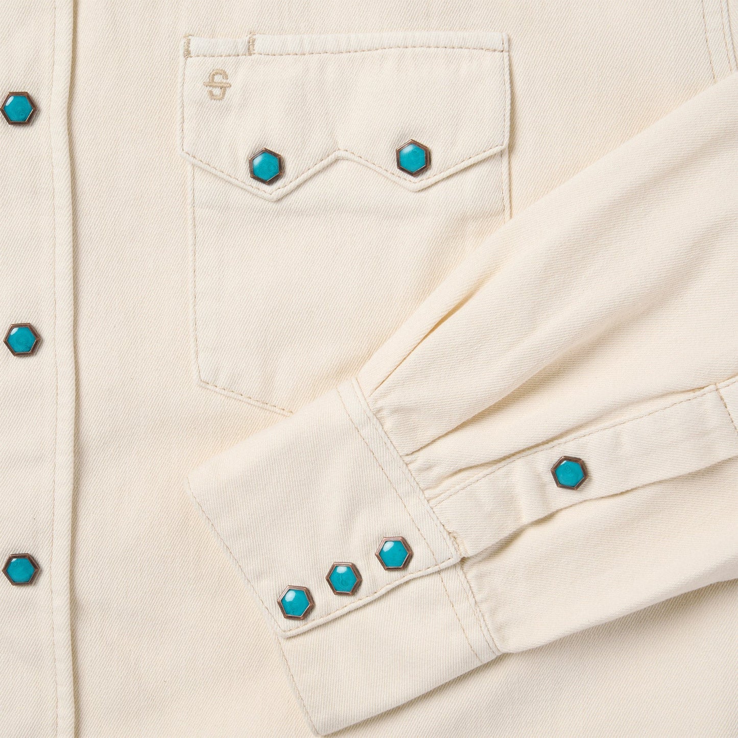 Turquoise Snap Western Denim Shirt Cream