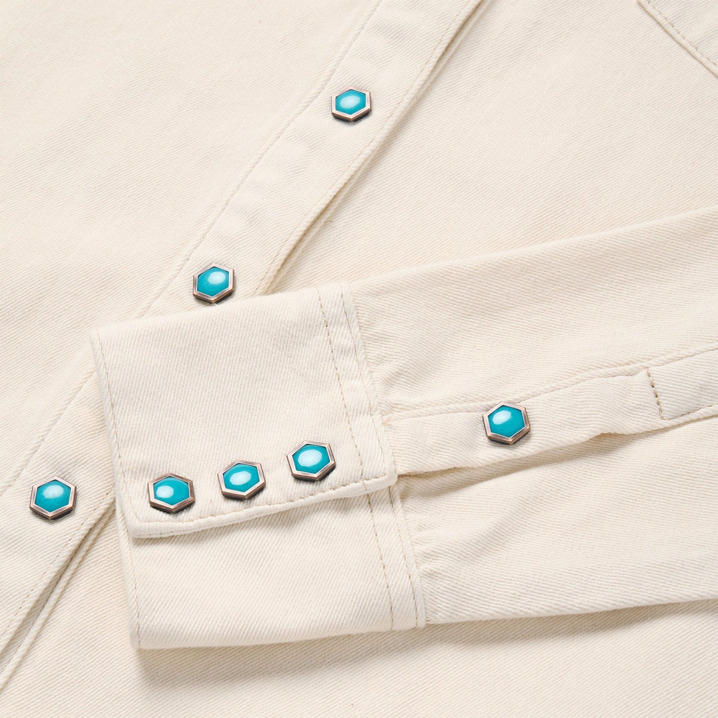 Turquoise Snap Western Denim Shirt Cream