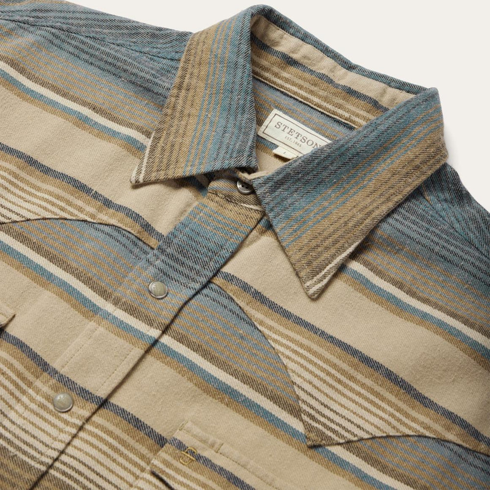 Blue Stripe Flannel Western Shirt Blue | Men Stetson Classic Cut