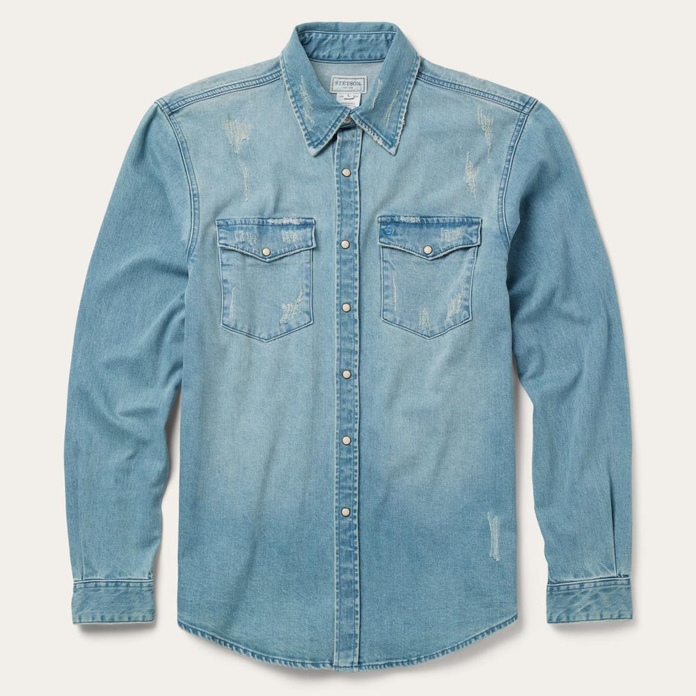 Distressed Denim Western Shirt Blue | Men Stetson Modern Cut