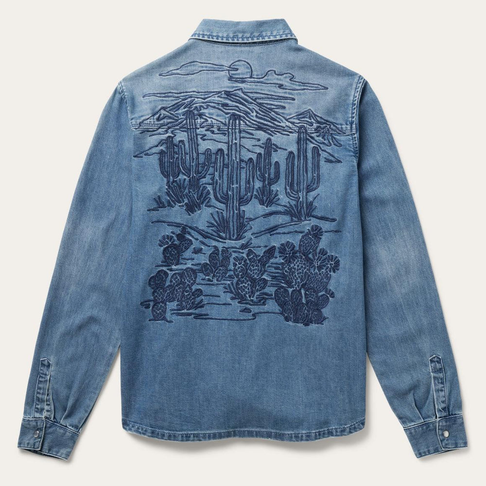 Embroidered Boyfriend Fit Denim Shirt Blue | Women Stetson Denim Shirts