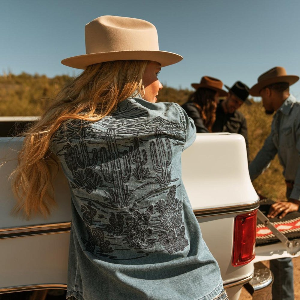 Embroidered Boyfriend Fit Denim Shirt Blue | Women Stetson Denim Shirts
