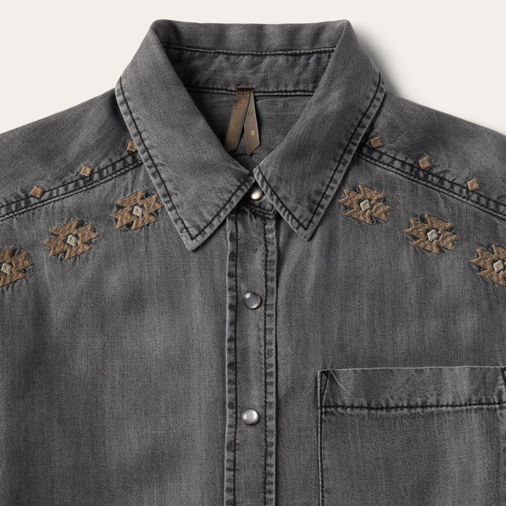 Embroidered Snap Front Shirt Dress Black | Women Stetson Mini