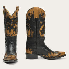 Faye Cowgirl & Horse Underlay Leather Boot Black | Women Stetson Western