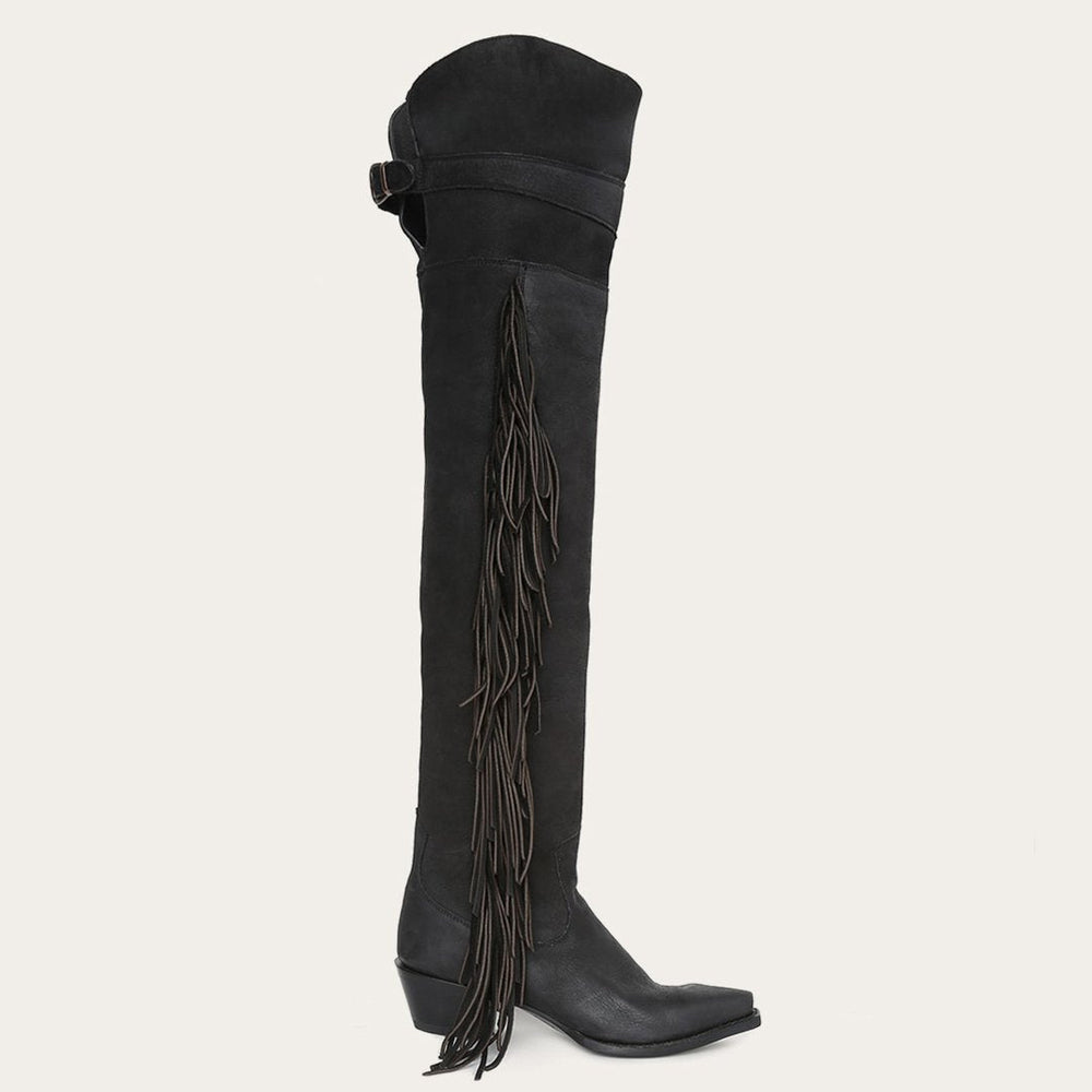 Glam Over-The-Knee Fringe Boot Black Leather | Women Stetson Western