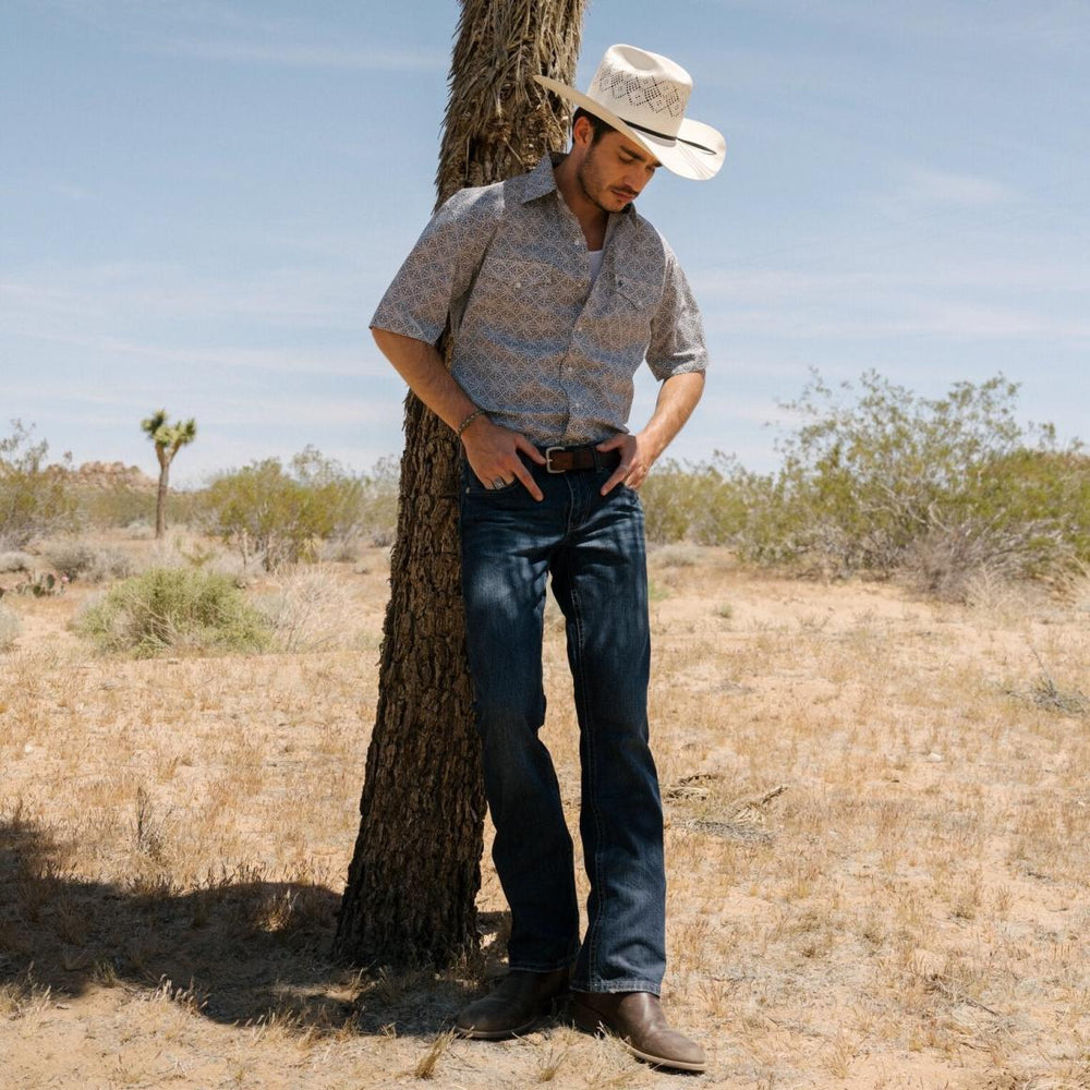 Navy Print Short Sleeve Western Shirt Blue | Men Stetson Western Shirts