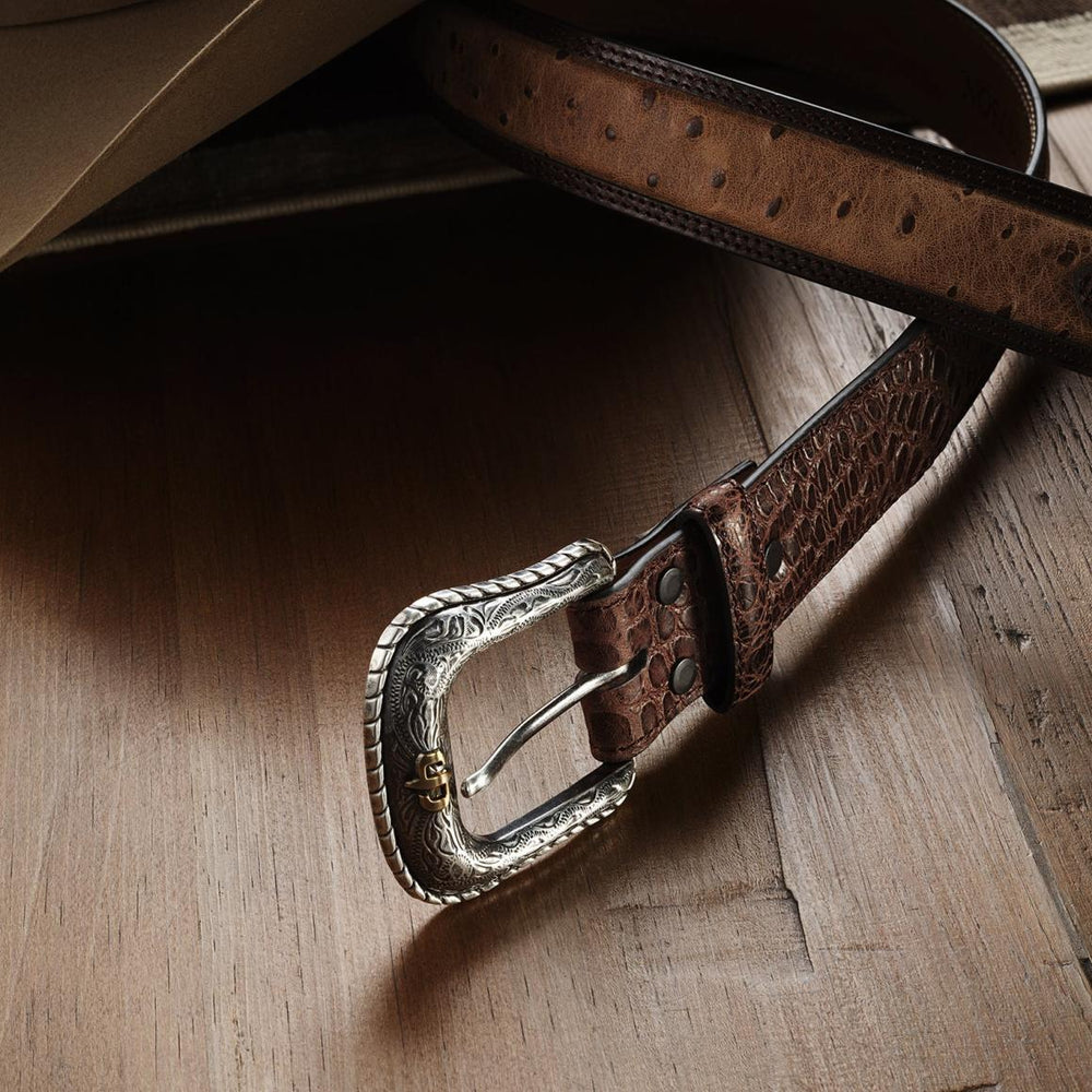 Ostrich Print Croco Embossed Western Tabs Belt Cognac/california Nut | Men Stetson Belts