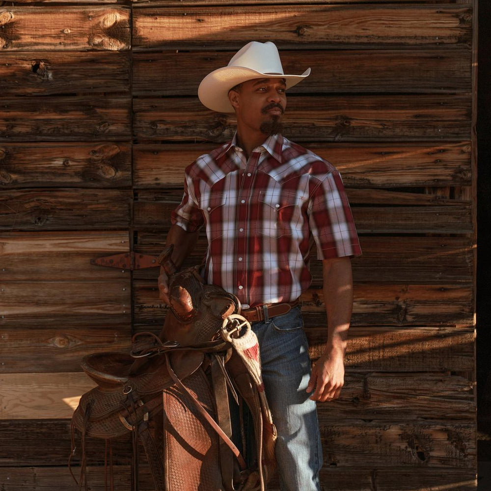 Shadow Plaid Short Sleeve Western Shirt Wine | Men Stetson Classic Cut