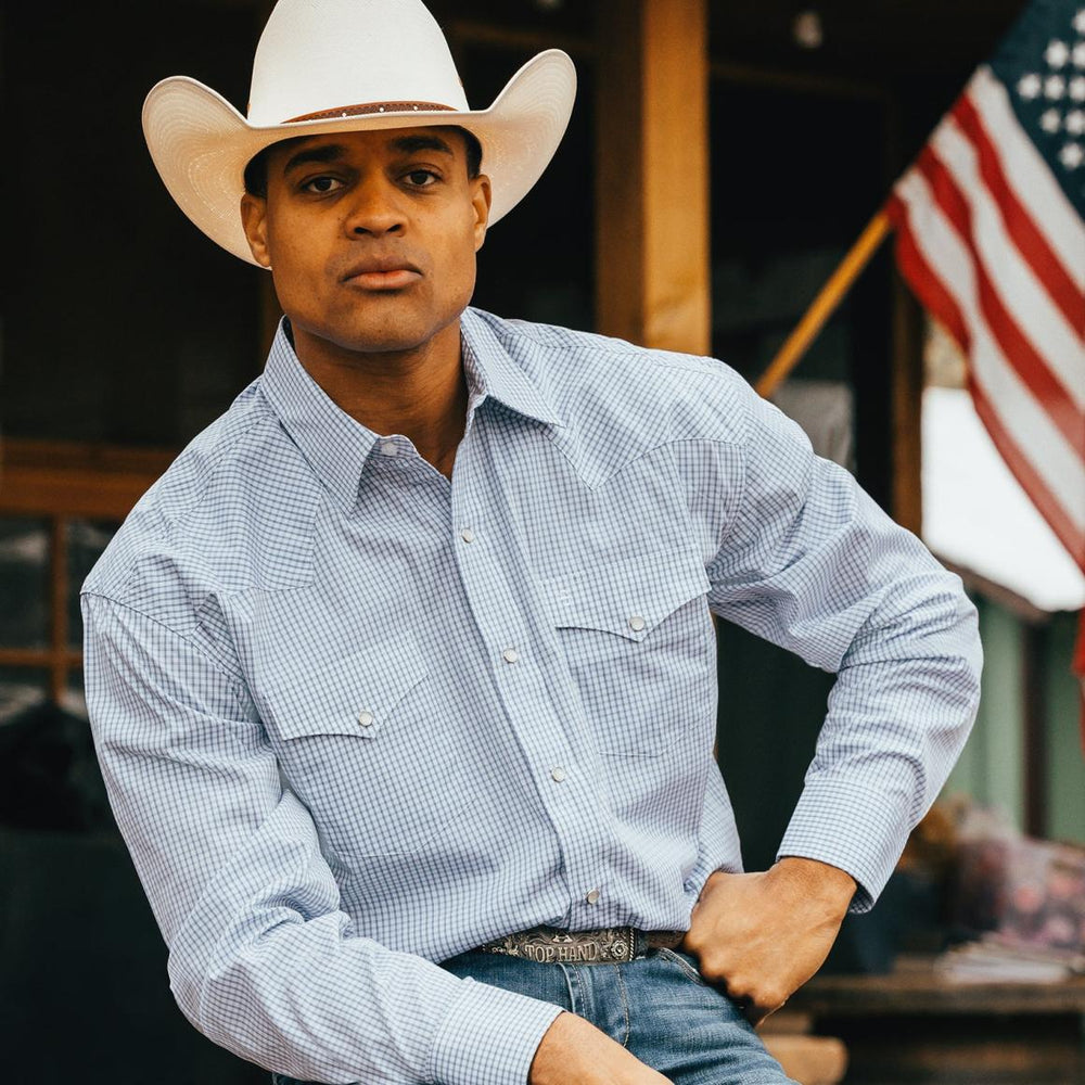Two Stripe Check Western Shirt Blue | Men Stetson Classic Cut