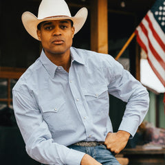 Two Stripe Check Western Shirt Blue | Men Stetson Classic Cut
