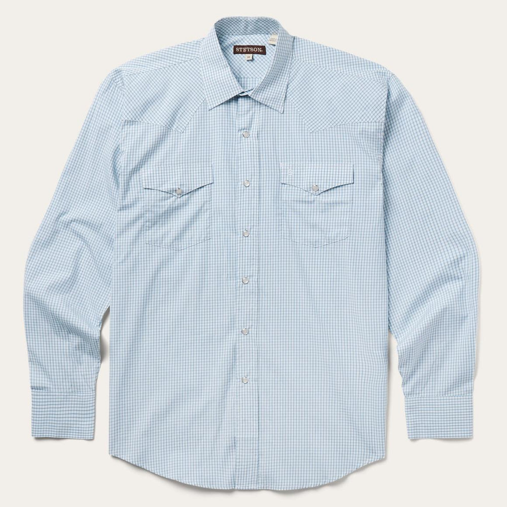 Two Stripe Check Western Shirt Blue | Men Stetson Western Shirts