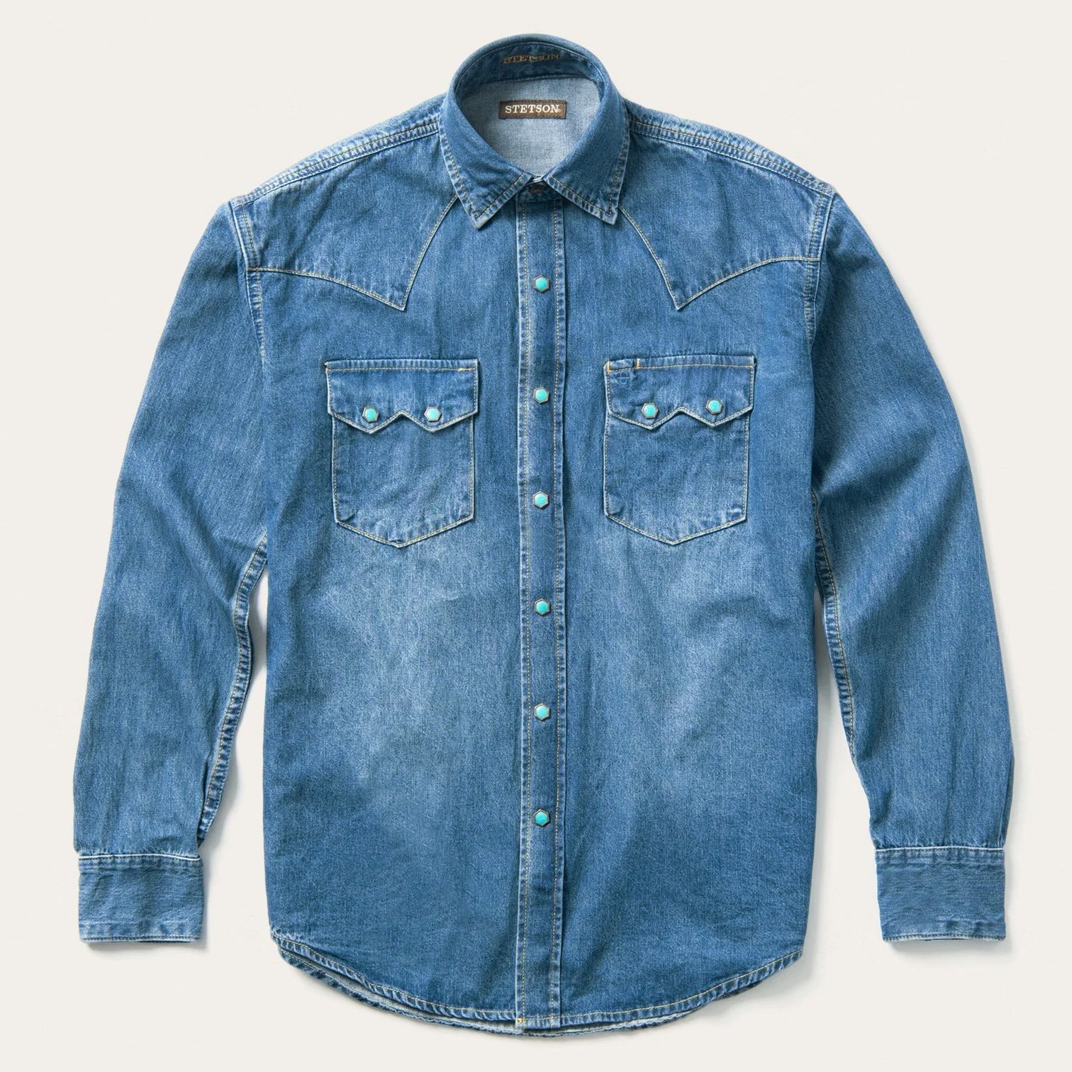 Turquoise Snap Western Denim Shirt Blue
