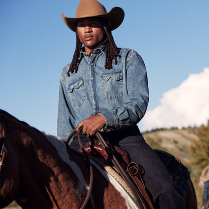Turquoise Snap Western Denim Shirt Blue