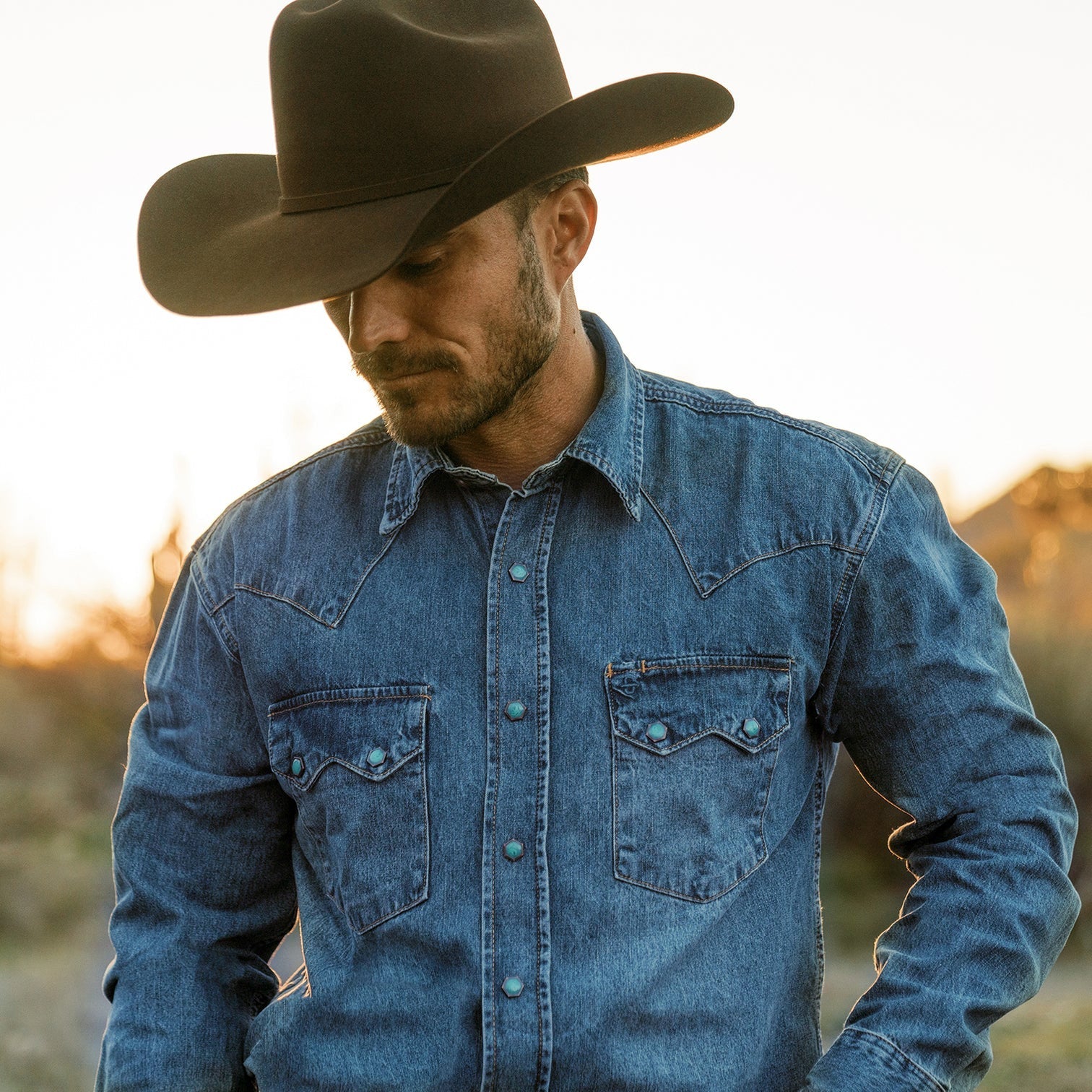 Turquoise Snap Western Denim Shirt Blue