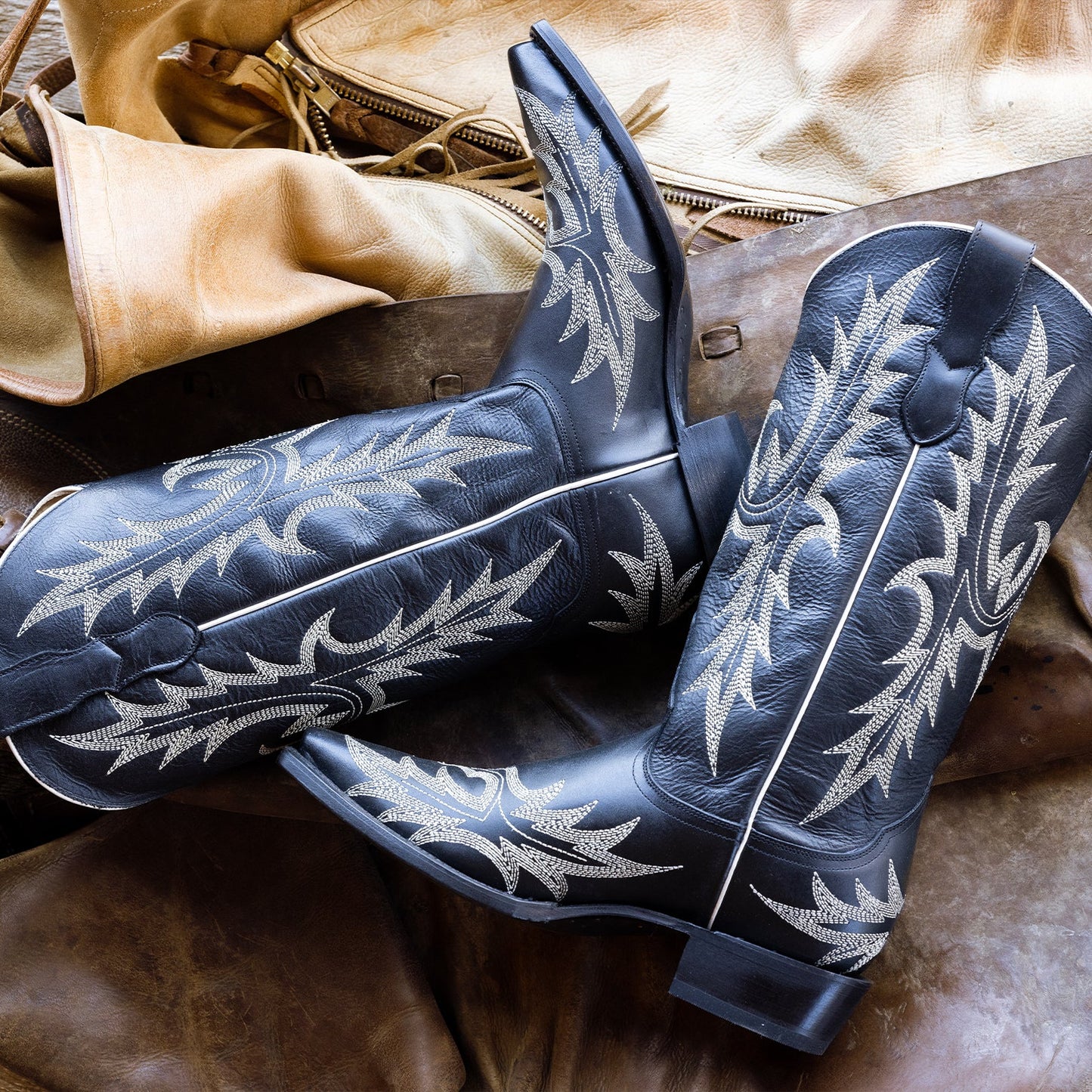 Tina Black & White Flame Embroidered Cowboy Boot Black