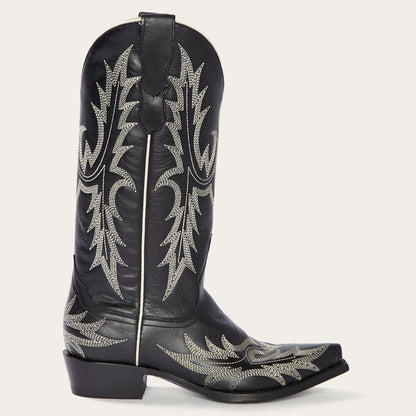 Tina Black & White Flame Embroidered Cowboy Boot Black