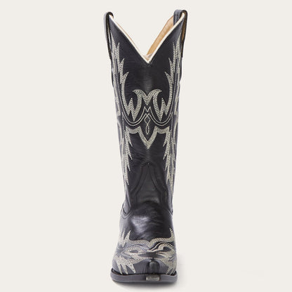 Tina Black & White Flame Embroidered Cowboy Boot Black