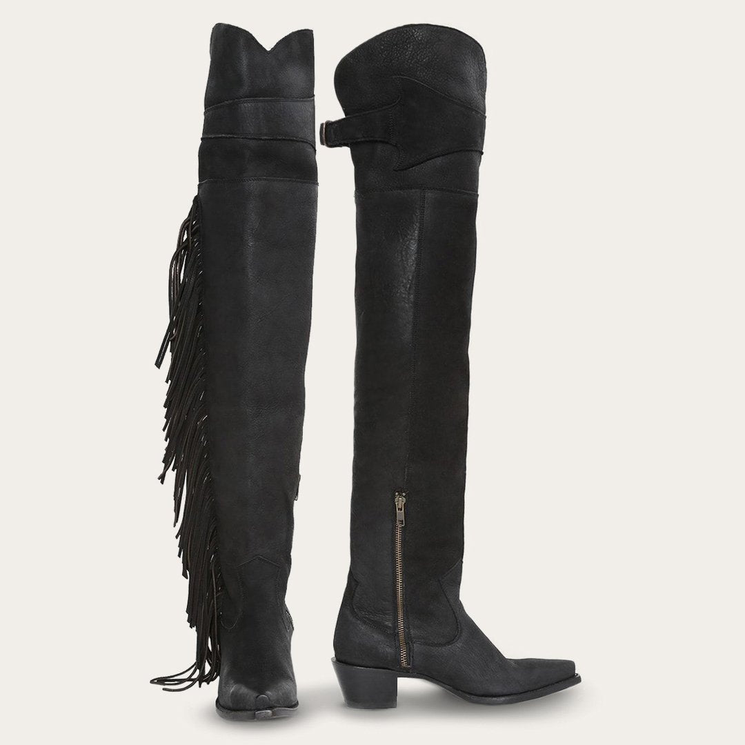 Glam Over-The-Knee Fringe Boot Black Leather