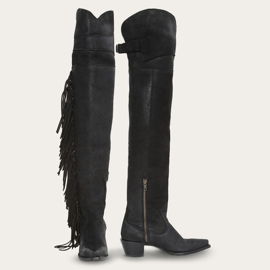 Glam Over-The-Knee Fringe Boot Black Leather