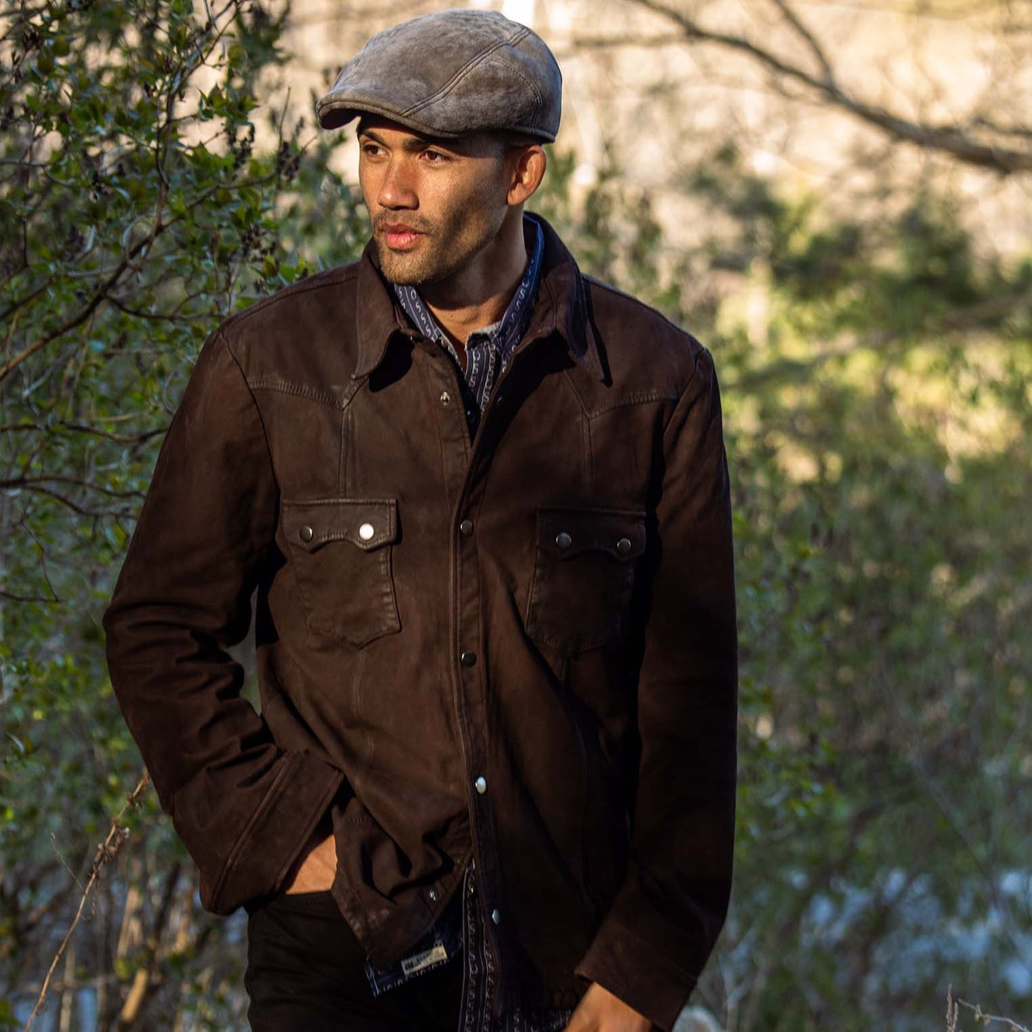 Leather Western Shirt Jacket Brown
