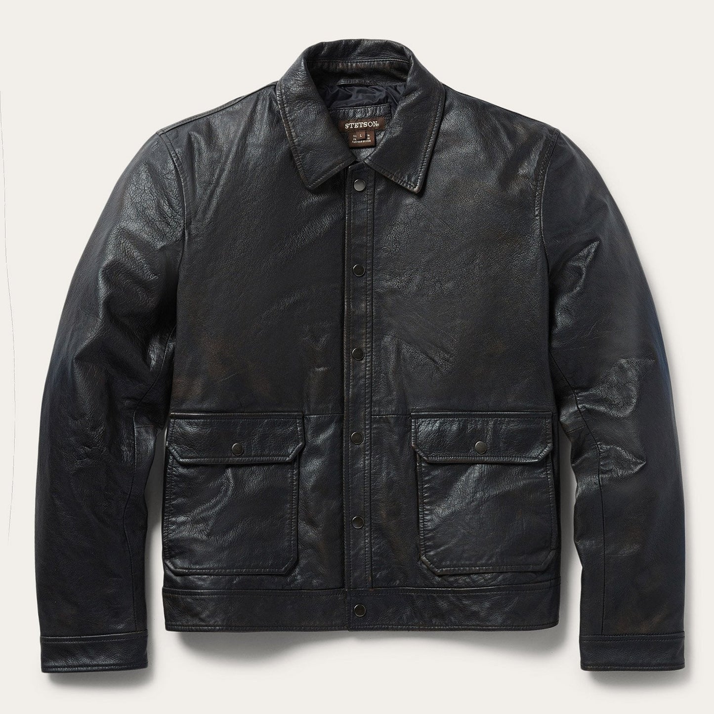 Snap Front Leather Jacket Brown