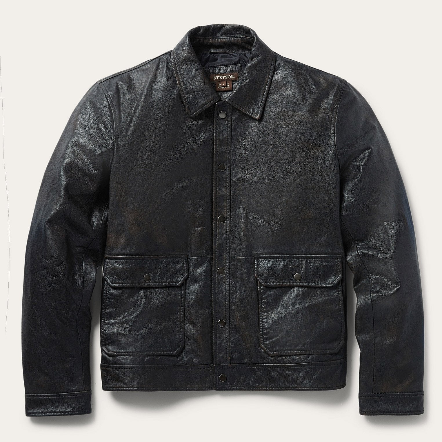 Snap Front Leather Jacket Brown