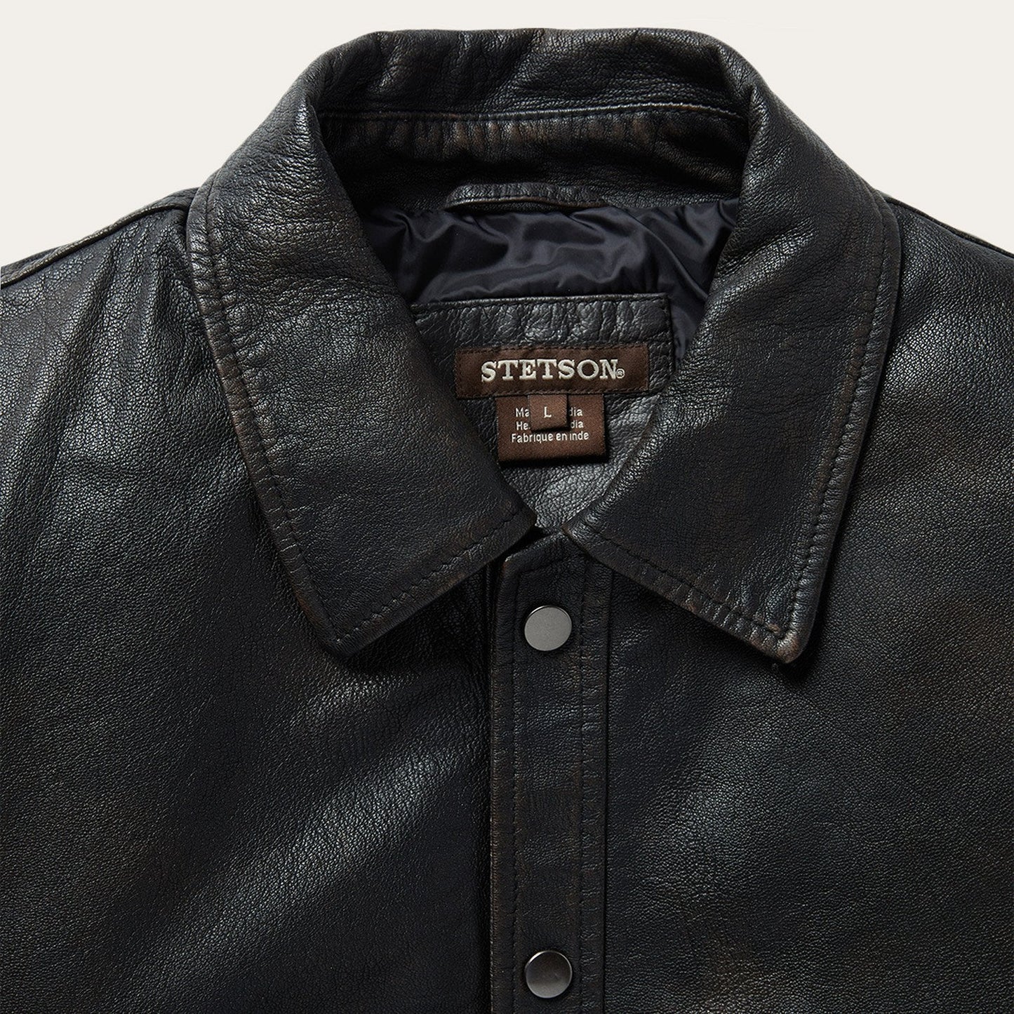 Snap Front Leather Jacket Brown