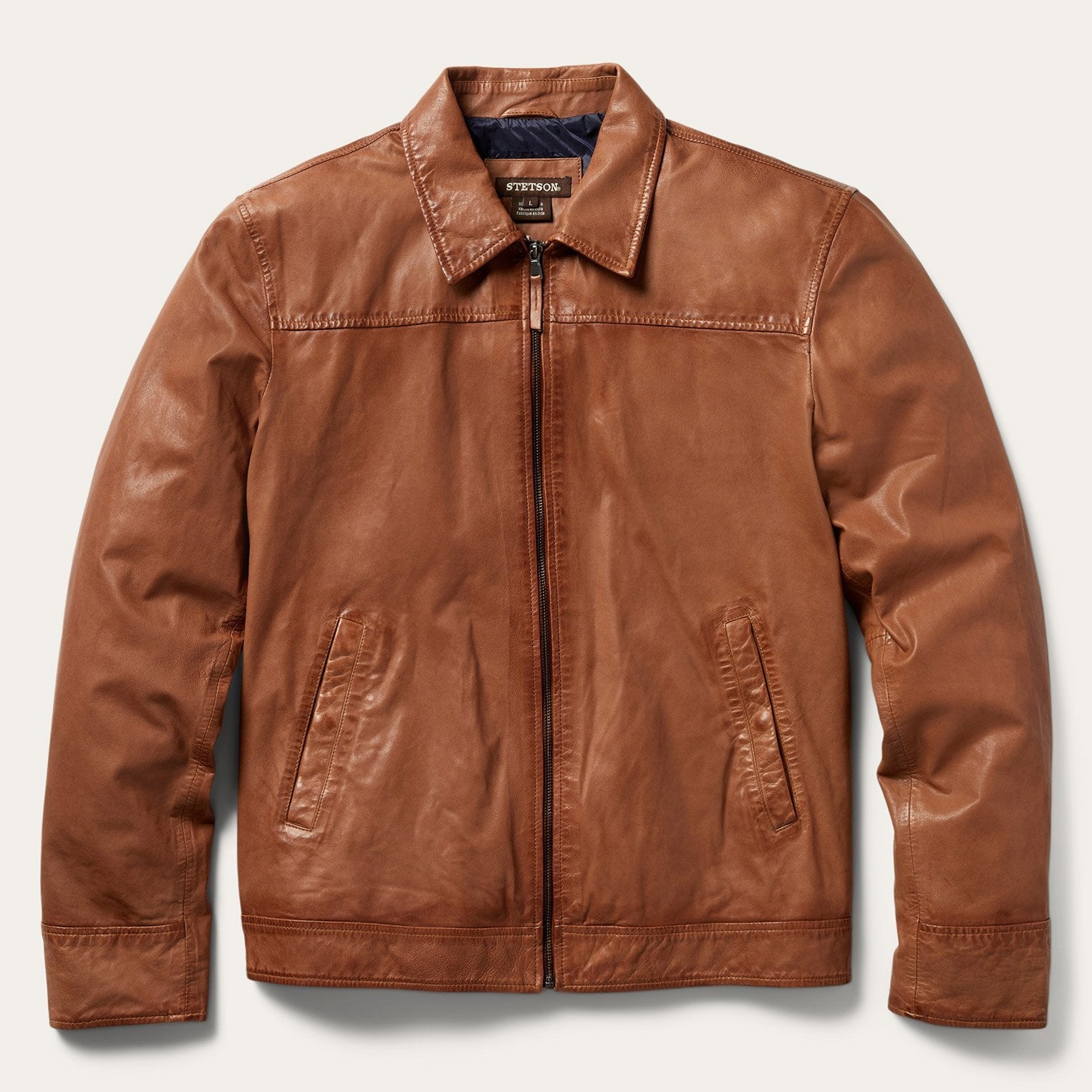 Zip-Front Lightweight Leather Jacket Brown