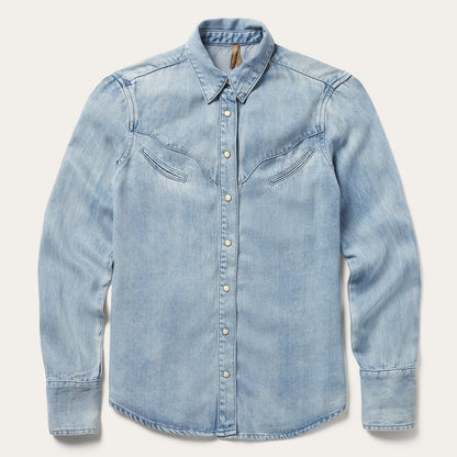 Curved Yoke Western Denim Shirt Blue