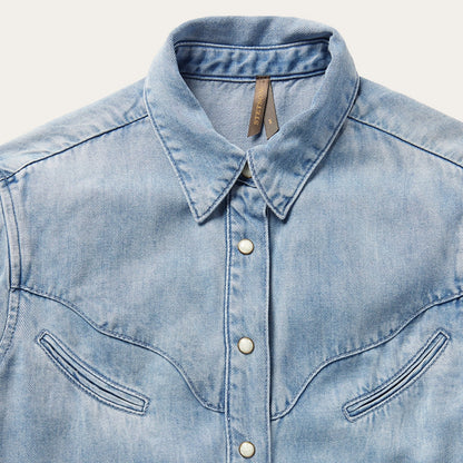 Curved Yoke Western Denim Shirt Blue