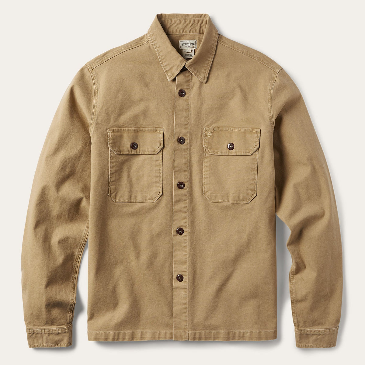Camel Stretch Canvas Shirt Jacket Brown