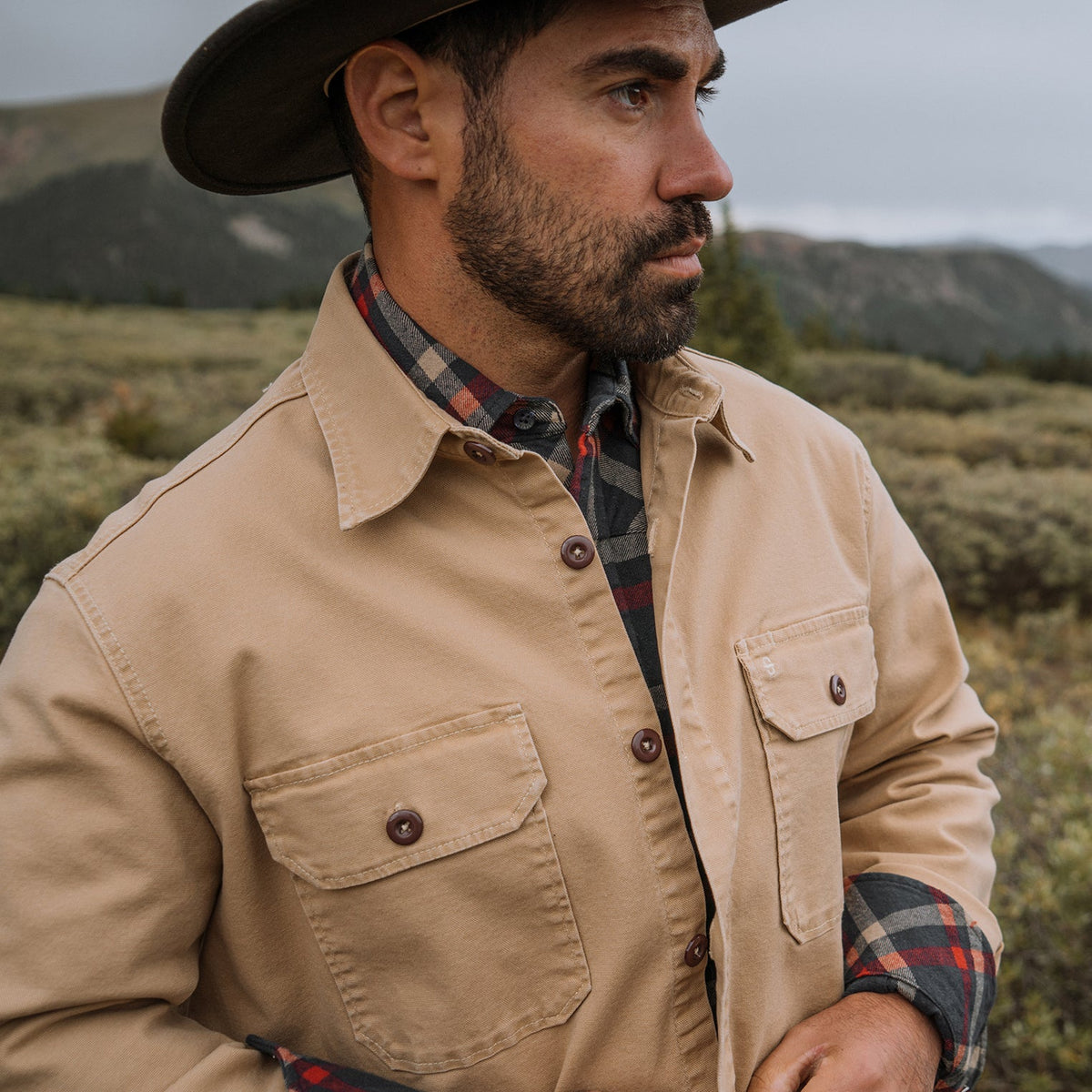 Camel Stretch Canvas Shirt Jacket Brown