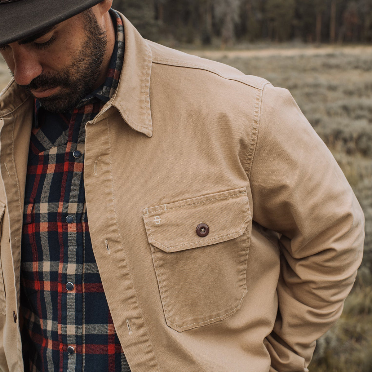 Camel Stretch Canvas Shirt Jacket Brown