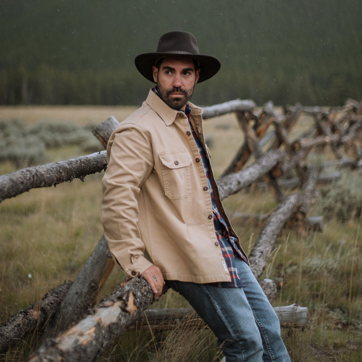Camel Stretch Canvas Shirt Jacket Brown