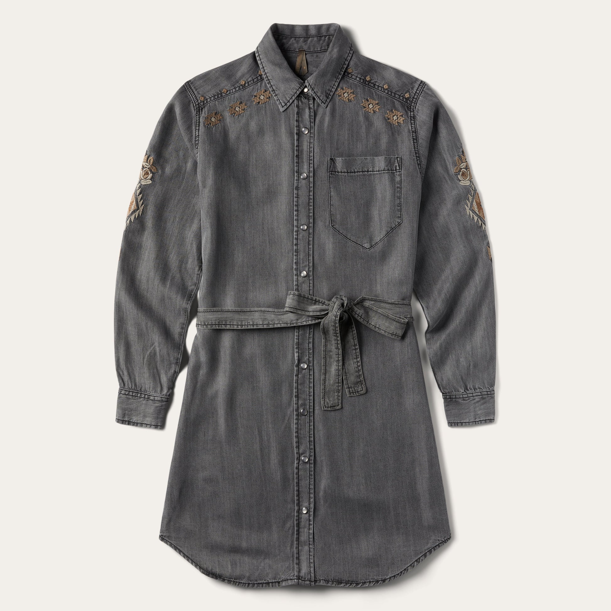 Embroidered Snap Front Shirt Dress Black