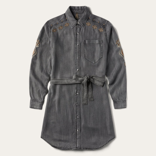 Embroidered Snap Front Shirt Dress Black