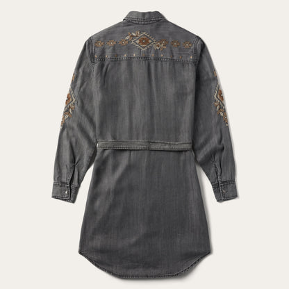 Embroidered Snap Front Shirt Dress Black