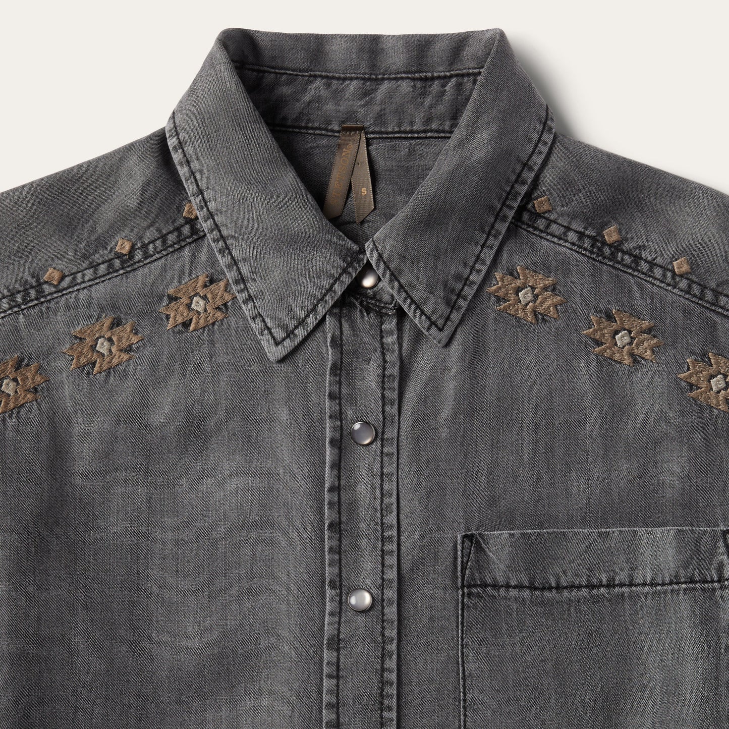 Embroidered Snap Front Shirt Dress Black