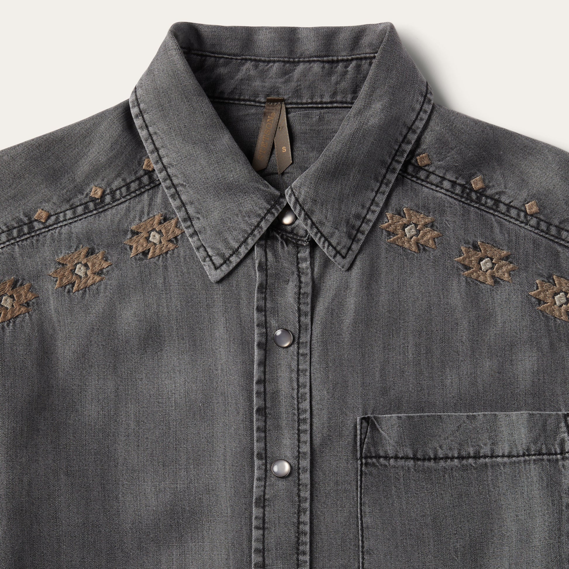 Embroidered Snap Front Shirt Dress Black