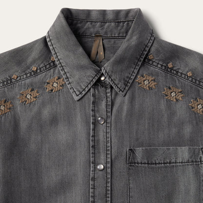 Embroidered Snap Front Shirt Dress Black