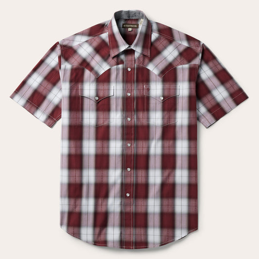 Shadow Plaid Short Sleeve Western Shirt Wine