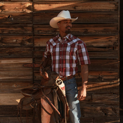 Shadow Plaid Short Sleeve Western Shirt Wine