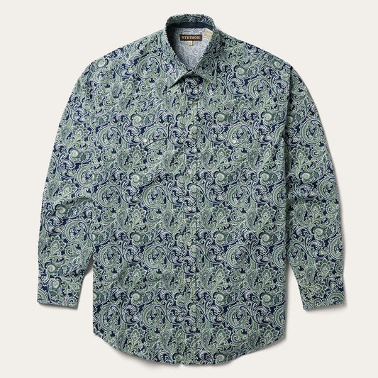Greenspring Paisley Print Western Shirt Blue