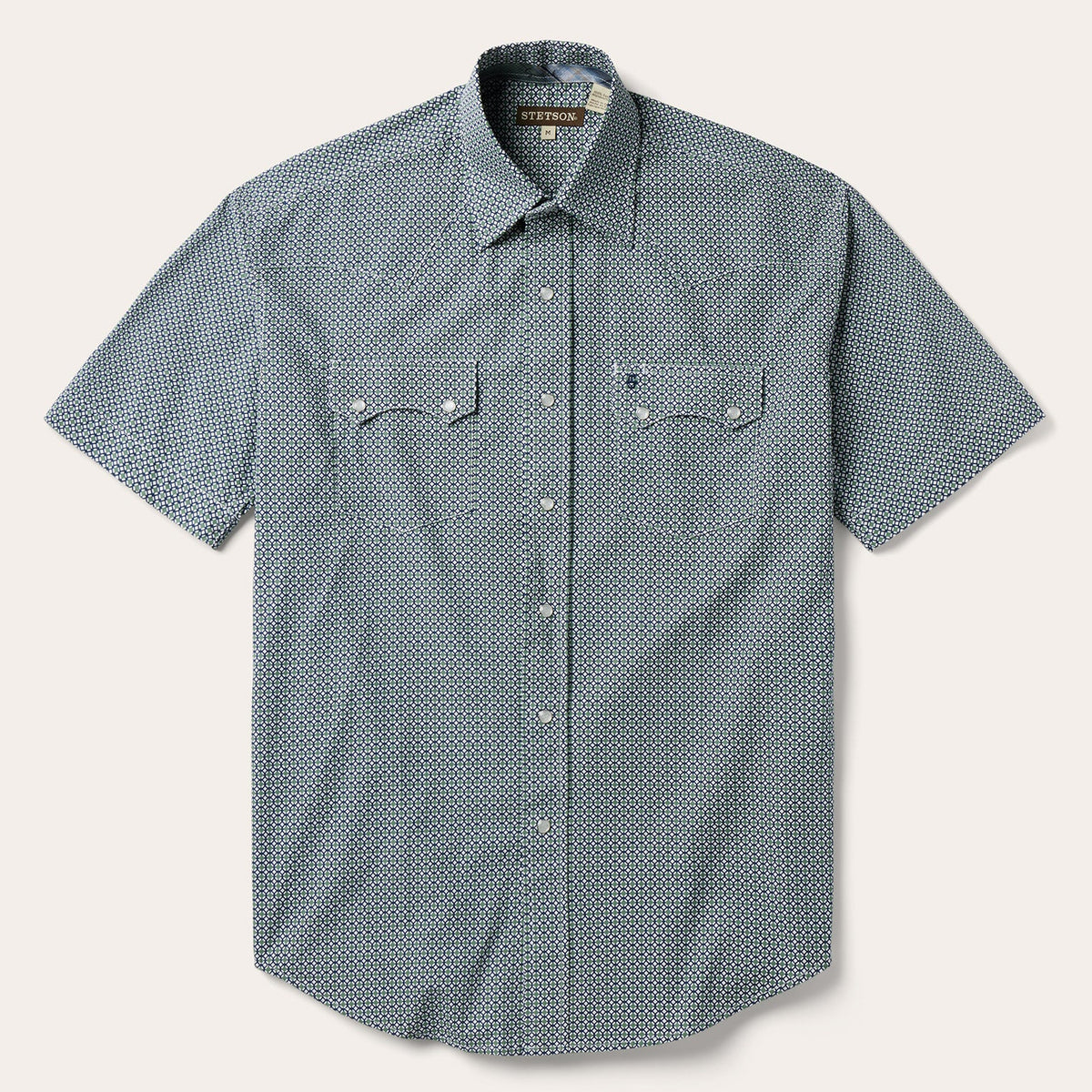 Circle Diamond Print Short Sleeve Western Shirt Green