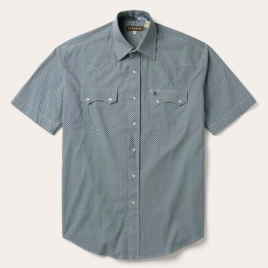 Circle Diamond Print Short Sleeve Western Shirt Green