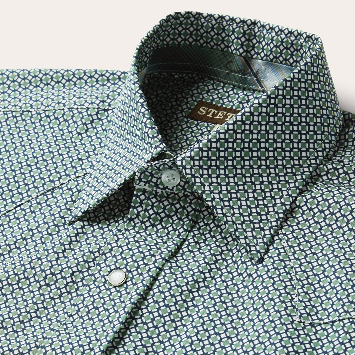 Circle Diamond Print Short Sleeve Western Shirt Green