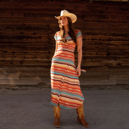 Sunset Serape Print Rayon Herringbone Wrap Front Dress Multi