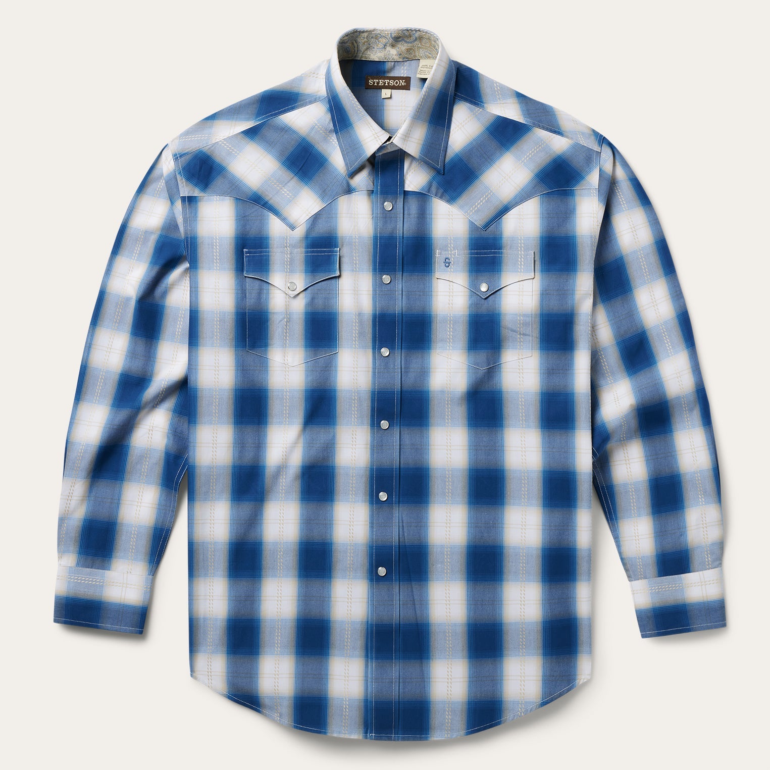 Navy Gold Ombre Plaid Western Shirt Blue