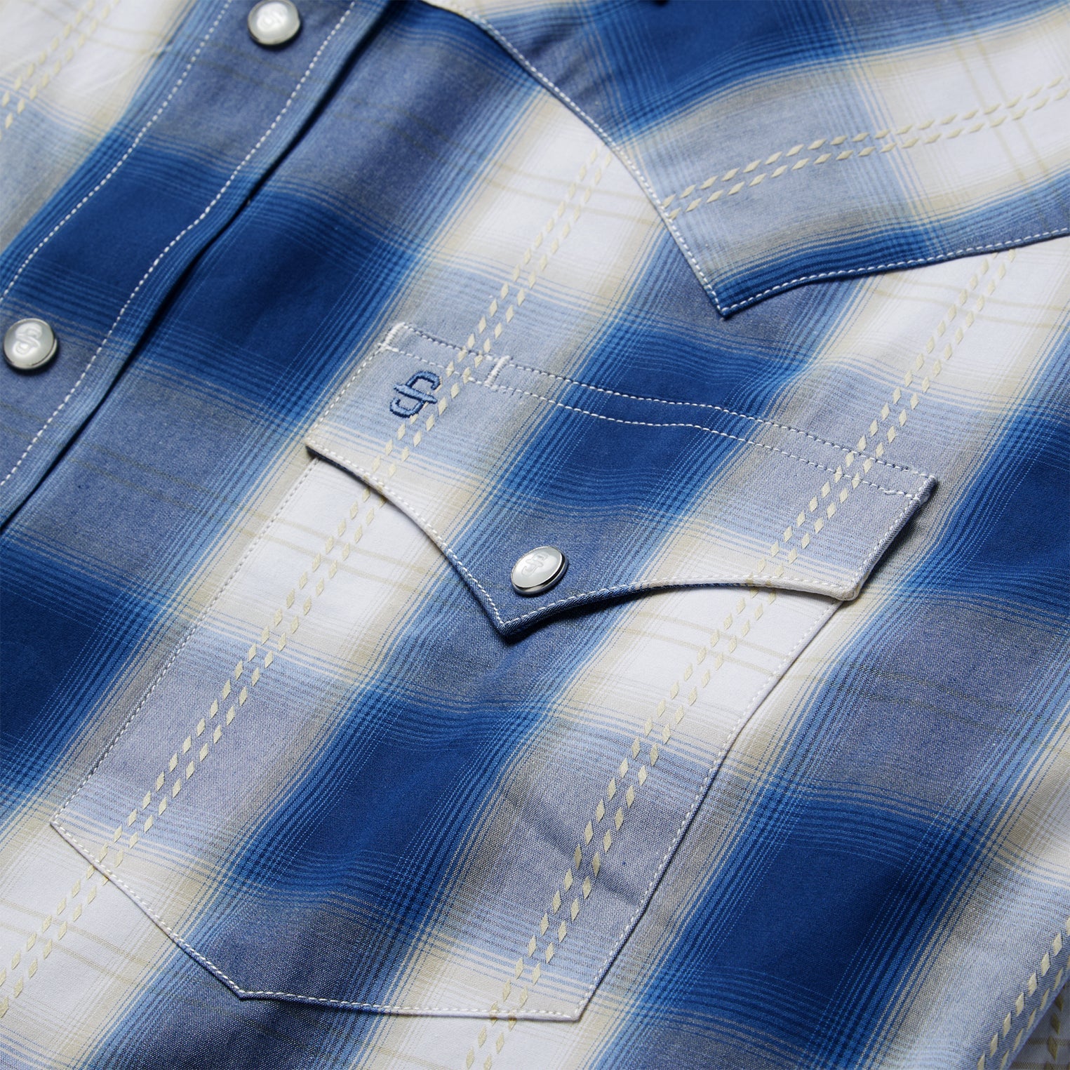 Navy Gold Ombre Plaid Western Shirt Blue